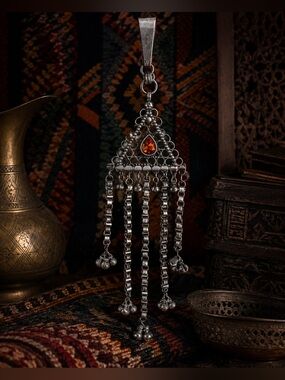 VINTAGE Tribal Kuchi Bohemian Pendant • Large Silver-Tone Fire Glass Amulet